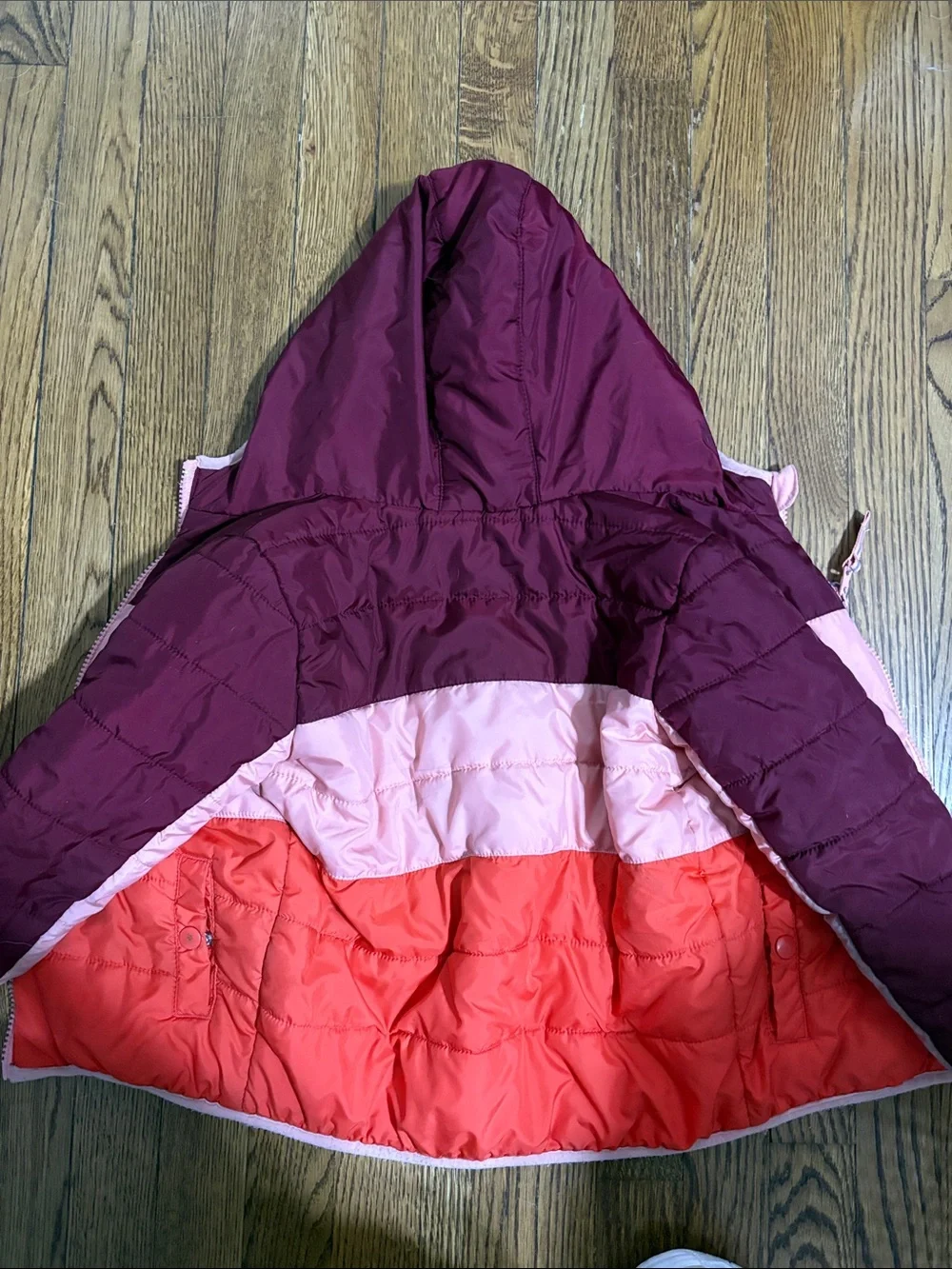 Cat & Jack Girls' Hooded Colorblock Puffer Jacket - Burgundy, Light Pink & Coral